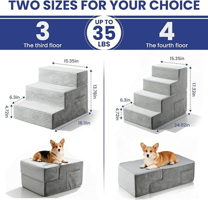 Dog Stairs for Small Dogs, 3-Step Dog Ramp for Bed 13.7" H, Dogs Steps for Bed, Couch, Pet Stairs with Non-Slip Bottom Design,High Density Foam Portable Pet Steps, Light Grey