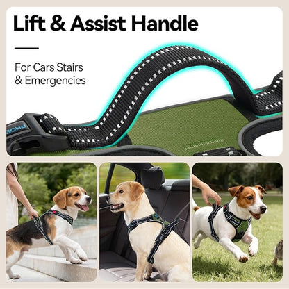 PHOEPET No Pull Dog Harness with Handle Front & Back Clip, Easy on Lockable Snap Buckle at Neck, Adjustable Reflective Vest with Handle for Small Medium Large Dogs (M, Misty Green)