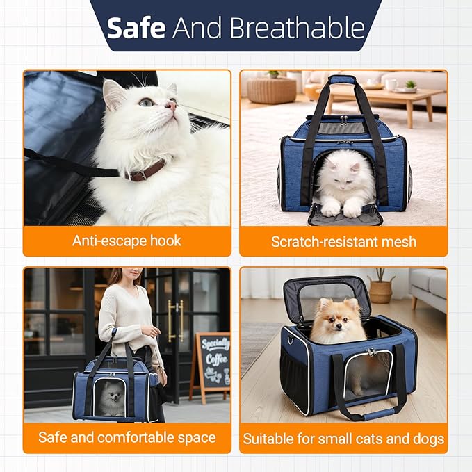 Blue Soft-Sided Pet Carrier for Large Cats & Small Dogs, Airline Approved, with Shoulder Strap & Removable Mat, Breathable Soft Mesh, Comfortable Cat Backpack Carrier