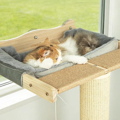 54.3" Cat Window Perch with 3 Adjustable Roman Column Sisal Posts, Gray Rabbit Fleece Cushions, Drill-Free Suction Cups, Multi-Level Bird Watching Perch, 60 lbs Capacity