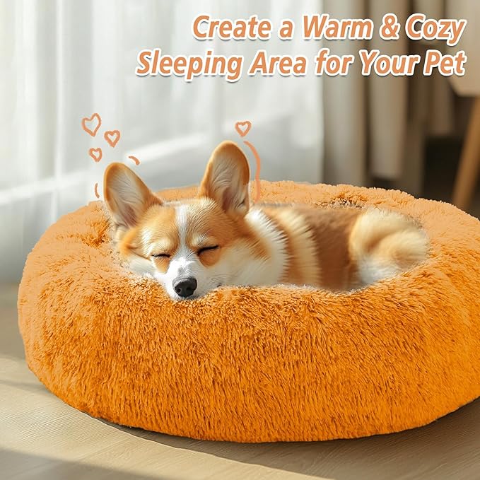 JOLLYVOGUE Calming Dog Bed Medium Size Dog, Anti-Anxiety Donut Medium Pet Bed, 27 inches Fluffy Faux Fur Round Cat Bed (Orange)