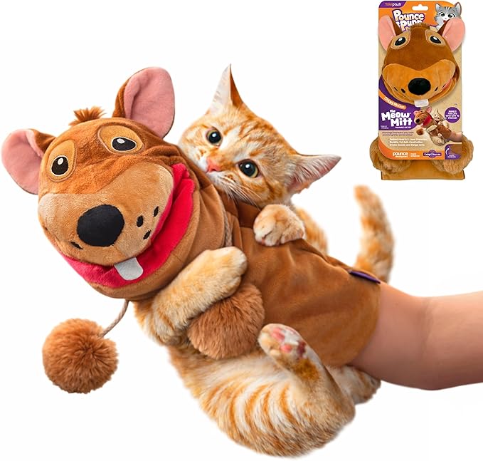 Pounce & Purr® Meow Mitt Wearable Cat Toy – Cat Wrestling Glove, “Chippy McGee” Plush Mitten with Catnip & Silvervine, Crinkle Sounds & Dangling Arms for Bonding Play with Cats & Kittens (Squirrel)