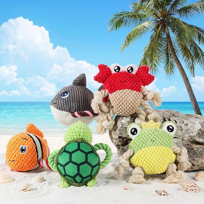 5 Pack Ocean Dog Toys Rope Plush Interactive Squeaky Rope Tug of War Dog Toys for Small Medium Large Dogs