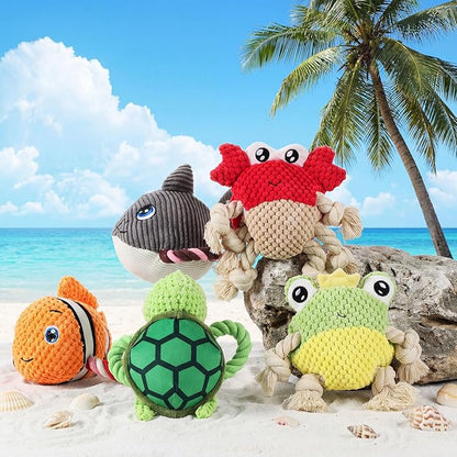 5 Pack Ocean Dog Toys Rope Plush Interactive Squeaky Rope Tug of War Dog Toys for Small Medium Large Dogs