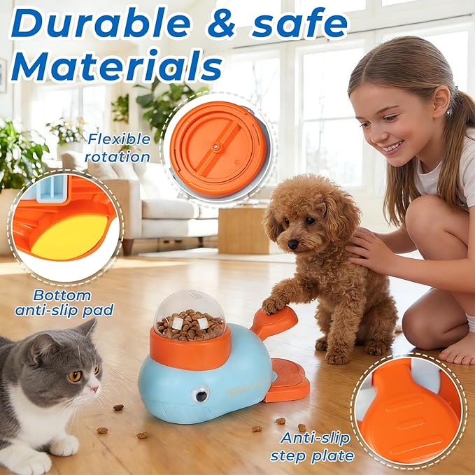 2-in-1 Interactive Dog Toy Food Puzzle Slow Feeder, Duck Shaped Toy cat Snack Dispenser can Reduce Abdominal Bloating (Yellow Duck and Light Blue Whale)