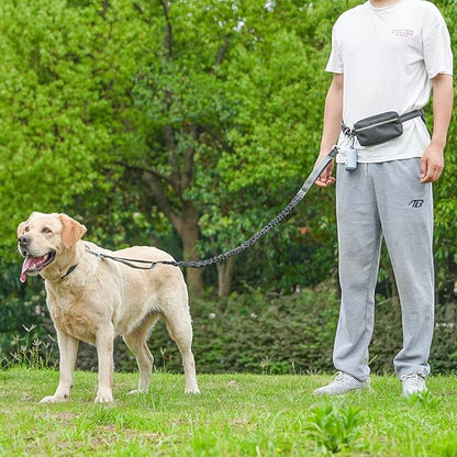 Hands-Free Dog Leash for Dogs up to 130 lbs – Heavy-Duty, Shock-Absorbing Bungee Leash with Zipper Pouch, Dual Padded Handles & Adjustable Waist Belt for Running & Walking – Cool Gray