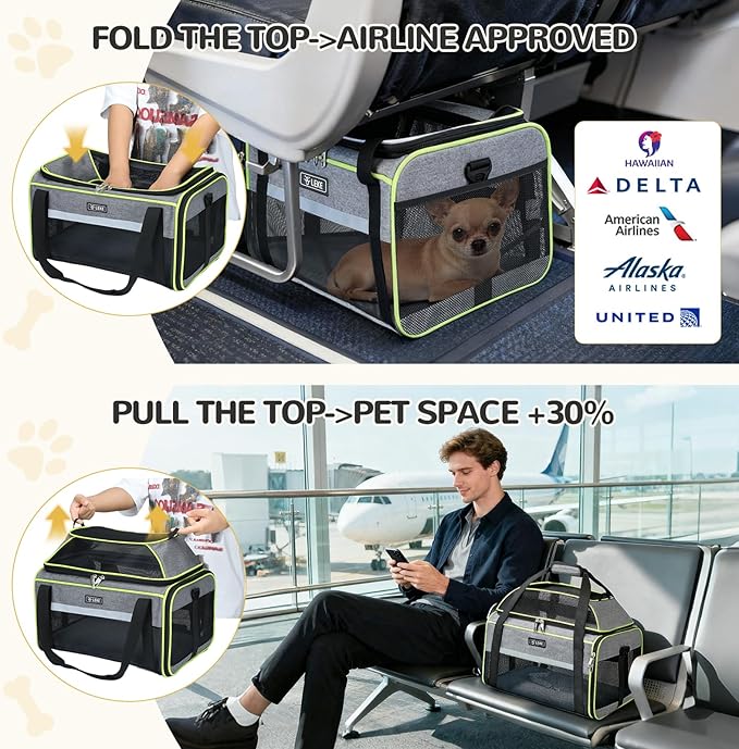 Lekereise Top-Expandable Pet Carrier 17x11x9.5 Inch Alaska Hawaiian Airline Approved Soft Sided Underseat to 12lbs Travel Carriers for Small Cats and Dogs with Locking Safety Zippers Anti-Scratch Mesh