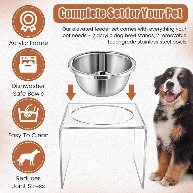2 Set Acrylic Elevated Dog Bowls Stand 6.3" Tall Pet Acrylic Feeder Come with 2 Removable Stainless Steel Bowls for Large Dogs, Raised Durable Dog Bowl Pet Feeding Station