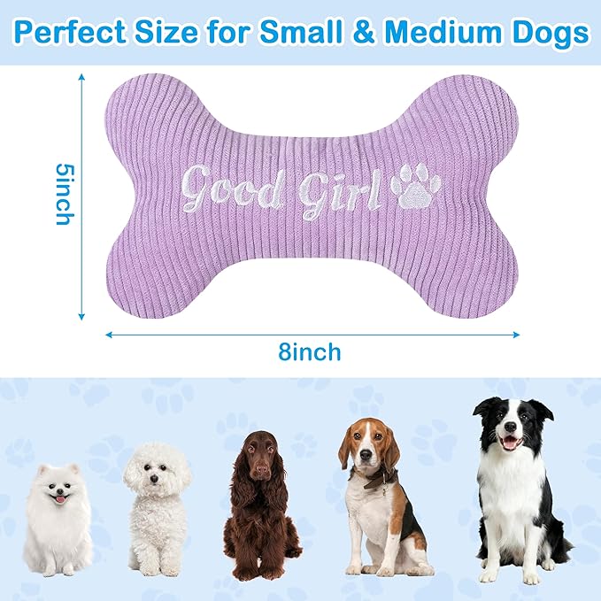 2026 Squeaky Dog Toys, Embroidered Bone Shape Purple Corduroy Pet Pillow 8"x5", Plush Soft Cotton Filled Cute Fun Dog Chew Puzzle Toy Birthday for Small Medium Dogs(Good Girl)