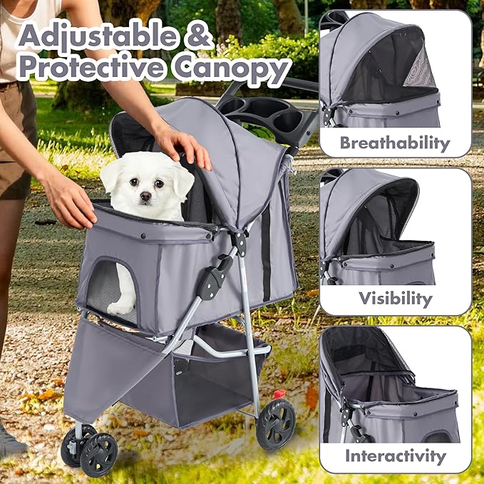 Sweetcrispy 3 Wheels Pet Stroller for Small Dogs and Cats – Foldable Dog Stroller with Mesh Windows, Storage Basket & Cup Holder, Lightweight & Durable Pet Carrier for Travel, Outdoor Use, Grey