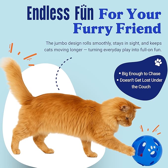 Large Cat Ball Toy with Bell – Interactive Rolling Design for Active Play – Sturdy Plastic Cat Toy Ball that Stays Visible During Play – Blue 1 Pack for Cats, Kittens, and Small Pets