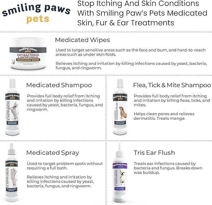Smiling Paws Pets Medicated Tris Flush Dog Ear Cleaner Solution and Infection Treatment for Dogs and Cats Ear Flush for Dogs Ear Cleaner for Dogs & Cats - Cat & Dog Ear Wash Contains Ketoconazole 12oz