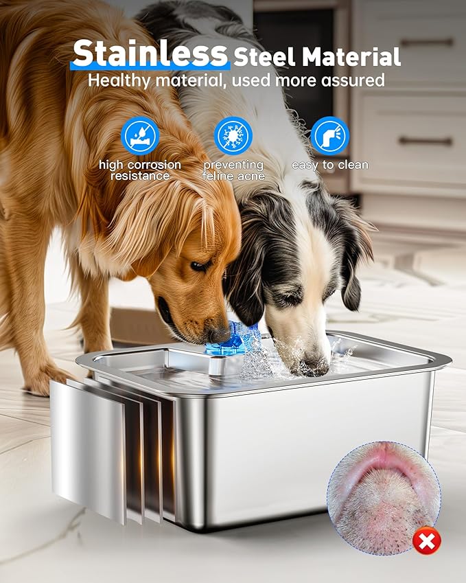 3Gal Large Dog Water Fountain Dispenser, 11L Stainless Steel Pet Fountain with 6 Filters, Ultra Quiet Automatic Dog Water Bowl Dispenser for Large & Multi-pet, Wide Drinking Area, Easy to Clean
