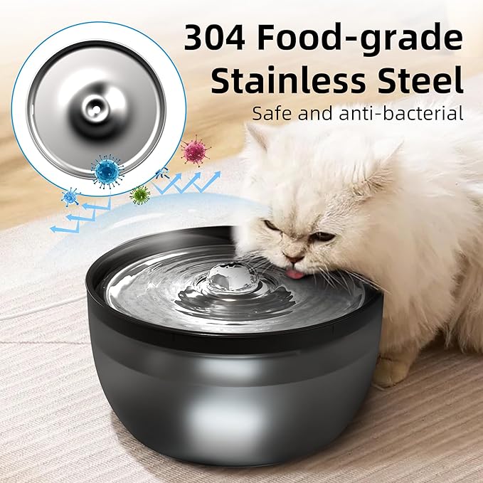 Casfuy W8 Quiet Stainless Steel Dog & Cat Water Fountain with LED Light, Black, 102-oz