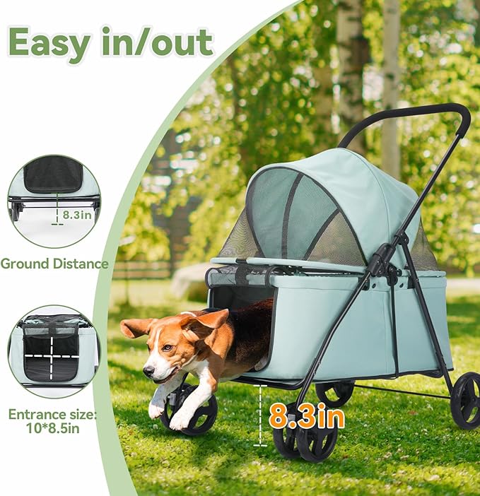 20% Larger Capacity, Wedyvko Dog Stroller for Medium/Small Pets w/Dog Poop Bags & Dispenser, Storage Pouch, Zipperless, Entry in/Out Easy (Mint Green)