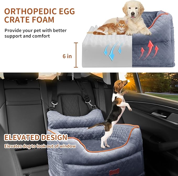 Dog Car Seat - Memory Foam Dog Booster Seat for Small Dogs Up to 25lbs-Elevated Pet Car Seat with Storage Pockets and Dog Seat Belt-Soft Pet Travel Bed for Front & Back Seats-Removable Washable-Grey