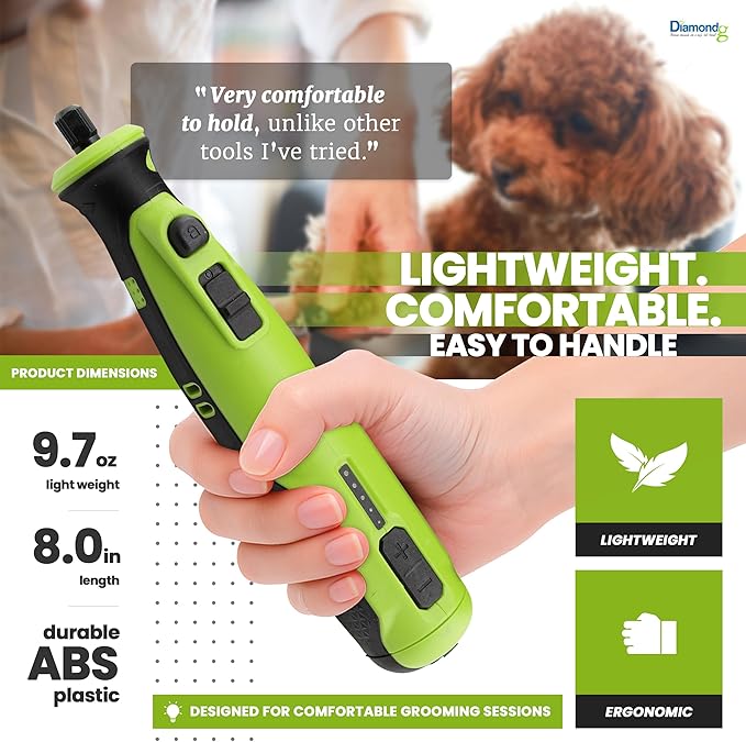 Diamondg Cordless Dog Nail Grinder with Quiet Sound & LED Tip for Large & Small Dogs, 4hrs. Runtime - Electric Dog Nail Trimmer, Heavy Duty Rotary Tool Alternative to Toenail Clippers & Filers