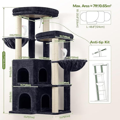 Globlazer Cat Tree Tower for Indoor Cats, Sturdy Adult Cat Tree House for Large Adult Cats with 2 Platform, 6 Cat Scratching Post, 2 Cat Caves, Dangling Toys, S63, 63 inch, Dark Grey