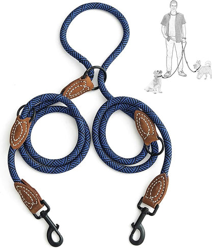 Mile High Life Dual Dog Leash, Double Dog Leash, 360 Swivel No Tangle Walking Leash, Hands Free Leash w Leather Tailored Connection, Double Rope Leash for Two Dogs (Blue, 8FT)