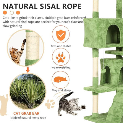 BestPet | 70" Cat Tree Tower | Green | Sturdy, Easy to Assemble, Multi-Level Activity Center with Sisal Scratching Posts, Condos, Perches, Hanging Cat Toys, Observation Decks & Ladder