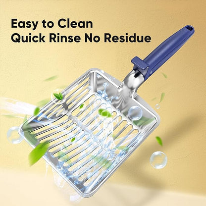 Metal Cat Litter Scoop, Large Cat Scooper with Deep Shovel & Dual Sifting Holes for Fast & Precise Sifting, Space Aluminum Kitty Litter Scooper with Long Handle & Easy-to-Hang Hook - Blue
