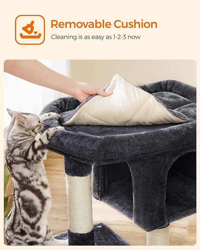 Feandrea Cat Tree, 33.1-Inch Cat Tower, Plush Condo for Large Cats up to 16 lb, Large Perch, 2 Caves, Scratching Post, Smoky Gray UPCT61G