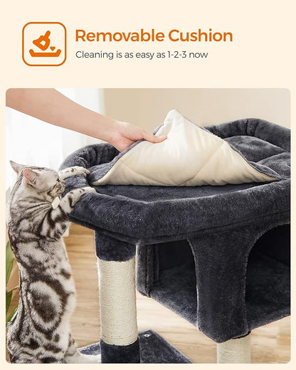 Feandrea Cat Tree, 33.1-Inch Cat Tower, Plush Condo for Large Cats up to 16 lb, Large Perch, 2 Caves, Scratching Post, Smoky Gray UPCT61G