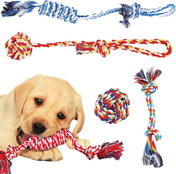 SunGrow, 5-Pack Ferret Rope Chew Teething Toys, Puppy Chew Toys & Accessories for Cage, Machine-Washable Durable Cotton Knotted Rope Dog Tug Toys for Small to Medium Breeds, 3” - 19”