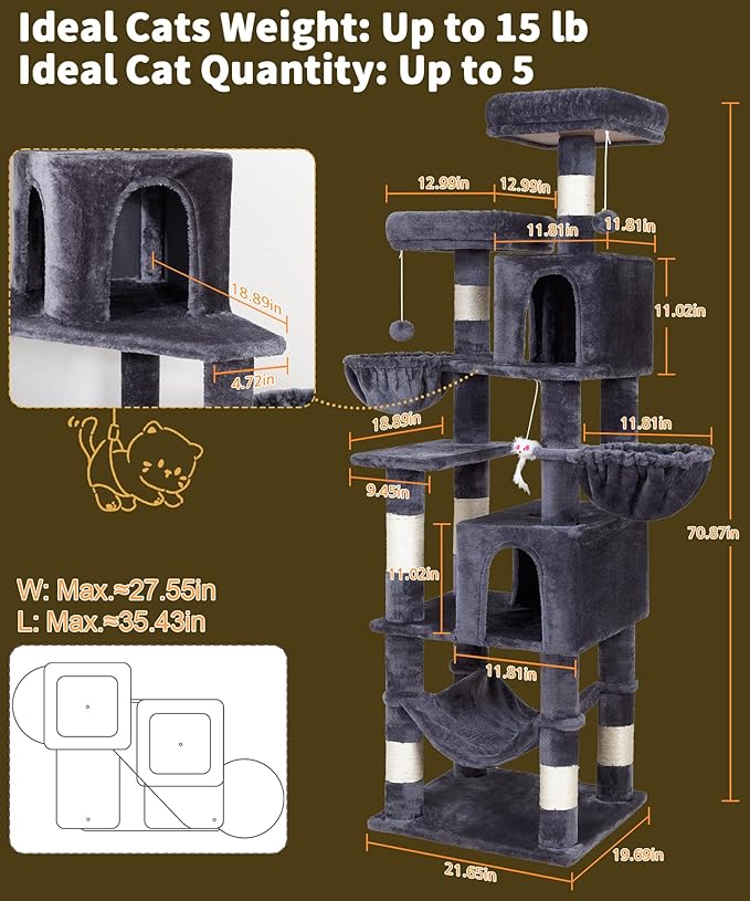 AMHANCIBLE Cat Tree, 70 Inch Cat Tower for Indoor Cats, Multi-Level Cat Tree with Scratching Post, Hammock, Hanging Basket, Large Cat Condos for Adult Cats Kittens, Dark Grey, PT18DG