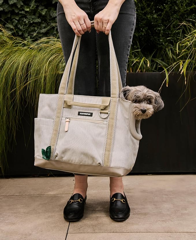 Cleverpup Transit Tote Dog Carrier for Small Dogs Under 8 lbs, 16x11x8 Soft-Sided 4-Pc Set with Waterproof Base, Plush Insert, Food Pouch, Mesh Head Opening - Small, Sand