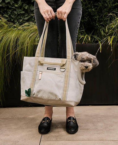 Cleverpup Transit Tote Dog Carrier for Small Dogs Under 8 lbs, 16x11x8 Soft-Sided 4-Pc Set with Waterproof Base, Plush Insert, Food Pouch, Mesh Head Opening - Small, Sand