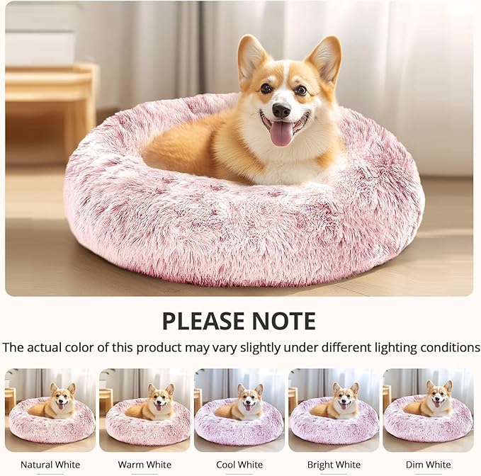 JOLLYVOGUE Calming Dog Beds Large Sized Dog, 36in Donut Washable Large Pet Bed, Anti-Slip & Anti-Anxiety Fluffy Faux Fur Round Dogs Bed, Fits up to 80 lbs Pets (Smoke Pink)