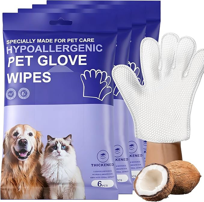 Pet Glove Wipes for Dogs Cats, Grooming Deodorizing Puppy Face Paws Fur and Butt Gloves Wipe, Unscented Extra Thick Travel Cleaning Care Hypoallergenic No Rinse Disposable Bathing Dog Wipes, 24 Pcs