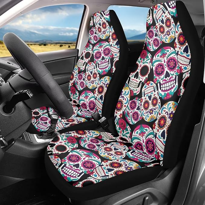 Dreaweet Sugar Skull Design Seat Covers for Cars Halloween Car Accessories Interior 2 Piece Easy Installation Elastic Front Car Seat Cover Washable Universal Fit SUV Sedan Trucks