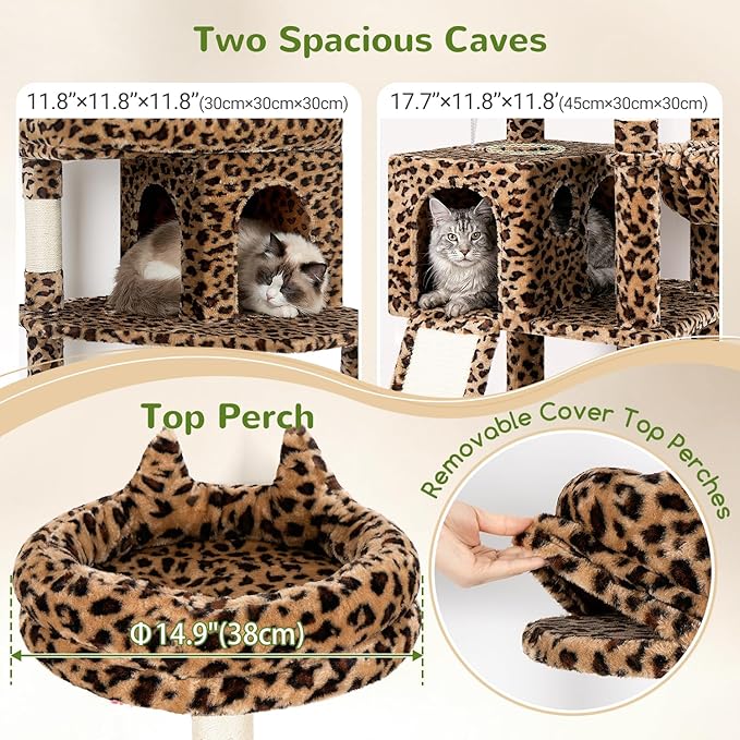 Globlazer Heavy Duty Cat Trees for Large Cats, Sturdy 72in Maine Coon Cat Tree for Large Cat 20 lbs+ Heavy Duty Cat Tower for Adult Biggest Cats with 6 Scratching Posts, Hammock, S72, Leopard Print