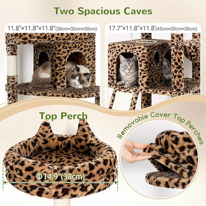 Globlazer Heavy Duty Cat Trees for Large Cats, Sturdy 72in Maine Coon Cat Tree for Large Cat 20 lbs+ Heavy Duty Cat Tower for Adult Biggest Cats with 6 Scratching Posts, Hammock, S72, Leopard Print
