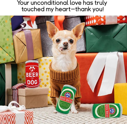 Squeaky Plush Dog Toys 2 Pack - Funny Beer Puppy Toys with Squeaker for Small Medium Large Dogs, Soft Stuffed Chew Toys for Birthday Gifts(Red&Green)