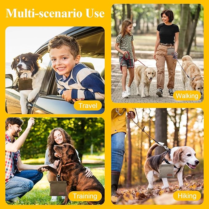 2Pcs Dog Treat Pouches for Pet Training, Hand Free Puppy Dogs Treat Bag with Carabiner, Portable Auto Closing Pet Dog Walking Bag for Travel Outdoor Use, Pets Snack Reward Pocket-Light Brown, Grey