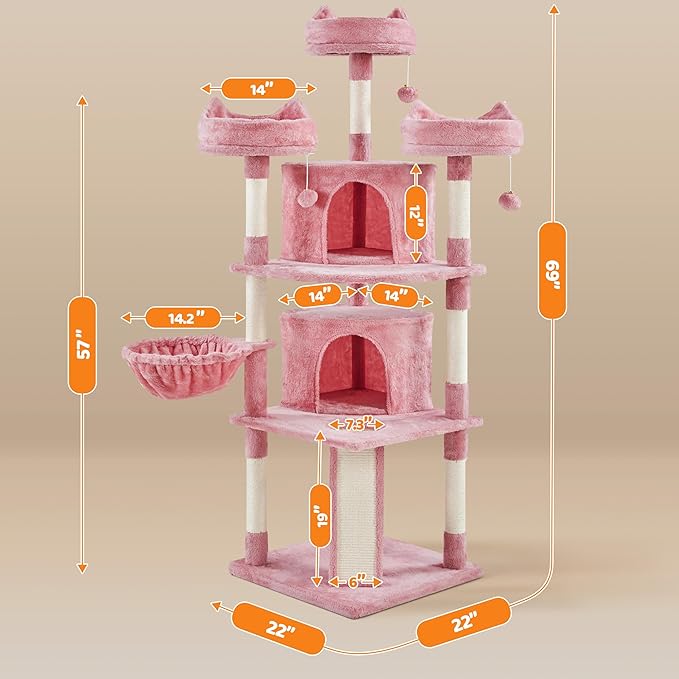 Yaheetech 68.5in Cat Tree for Large Cats, Multi-Level Cat Tower with 3 Wide Perches, Large Condo, Stable Pet Play House w/Sisal-Covered Scratching Posts & Board, Pink