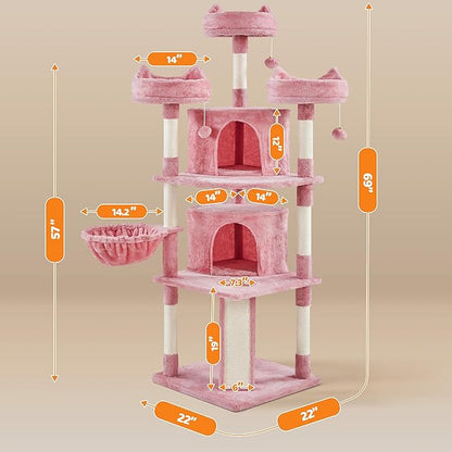 Yaheetech 68.5in Cat Tree for Large Cats, Multi-Level Cat Tower with 3 Wide Perches, Large Condo, Stable Pet Play House w/Sisal-Covered Scratching Posts & Board, Pink