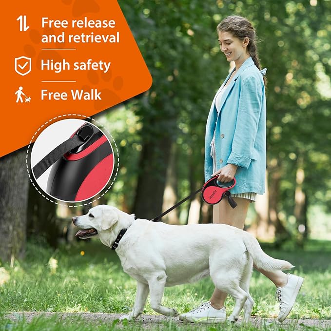 Upgraded Retractable Dog Leash with Chew Proof Extender, Pet Walking Leashes with Poop Bag Holder, 16Ft Heavy Duty Retractable Pet Leash for Medium Large Dogs up to 110lbs, Anti-Slip Grip