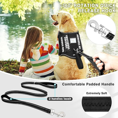 Service Dog Vest Harness and Leash Set+10 Patches,No Pull&Easy Walk Reflective Dog Harness with Soft Padded Handle for Training/Everyday,Fit Small/Medium/Large/Extra-Large Dogs (Black S)