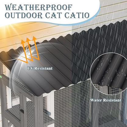 Large Catio Cat Window Box, Outdoor Cats Window Perch Enclosure for Indoor Cats with 4 Jump Platforms & 4 Doors, Kitten Cat Patio House Connected with Tunnels, All Weather Use (Gray)