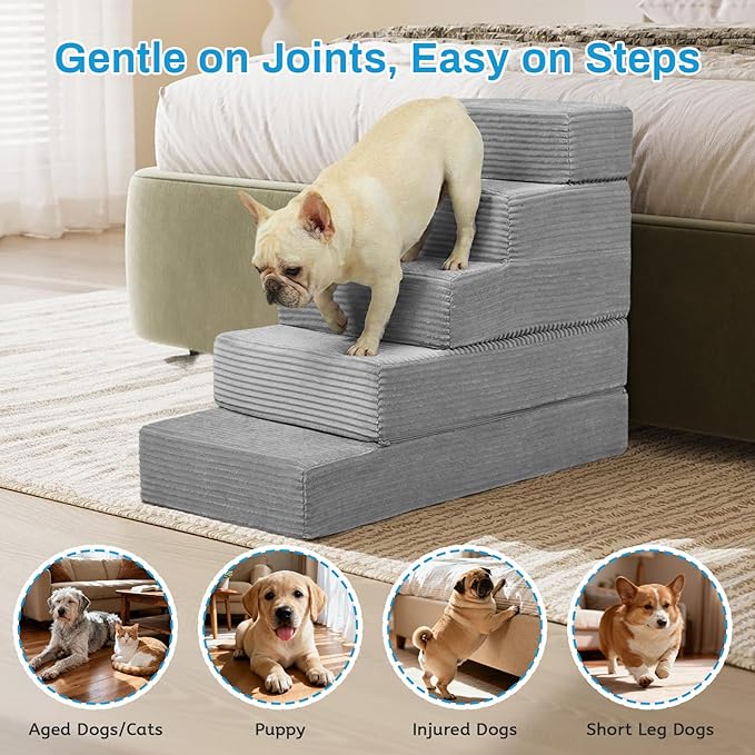 Dog Stairs for Small Dogs, 5 Step Pet Stairs for High Beds and Couch, Dog Steps for Bed Balanced 22.4" H, Foldable Pet Ramp for Large Cats Climb, Non-Slip Bottom Doggy Step, Light Grey