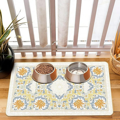Pet Dog Cat Food Mat, Absorbent Dog Bowl Mats for Food and Water, Non Slip Boho Dogs Cat Placemats Feeding Mat for Floors Indoor Puppy Pet Accessories Supplies 17 * 30 inch, Khaki