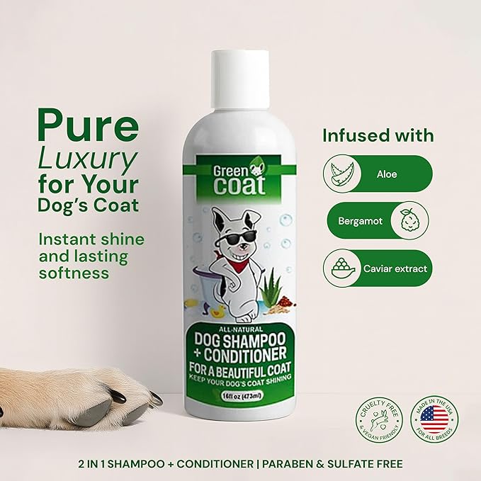 2-in-1 Dog Shampoo & Conditioner, Caviar Extract, Aloe & Bergamot for Sensitive Skin, Deep Shine + Detangler, Hydrating Luxury Dog Wash, 16oz, Made in USA