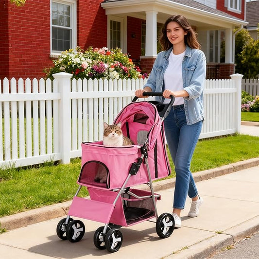 ZENY Foldable Pet Stroller, Cat/Dog Stroller with 4 Wheel, Pet Travel Carrier Strolling Cart with Storage Basket, Cup Holder (Pink)