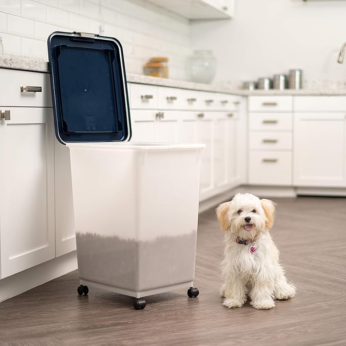 IRIS USA Dog Food Storage Container, Up to 54 Pounds, Attachable Wheels, For Dog Cat Bird and Other Pet Food Storage Bin, Keep Fresh, Easy Mobility - Made in USA, Navy