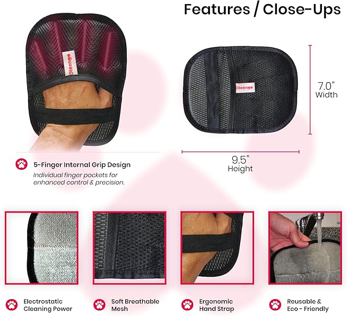 Upgraded Electrostatic Pet Hair Removal Glove for Cats & Dogs – 5-Finger Cat Hair Remover - Reusable Magic Brush Pet Hair Remover Tool for Laundry, Furniture, Carpet, Bedding & Car Seats