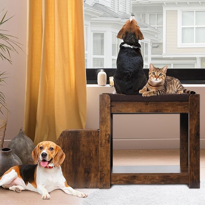 Dog Window Perch with Stairs, Indoor Dog Bunk Bed to Look Out Window, Large Pet Window Seat for Dogs and Cats, Vintage Wood